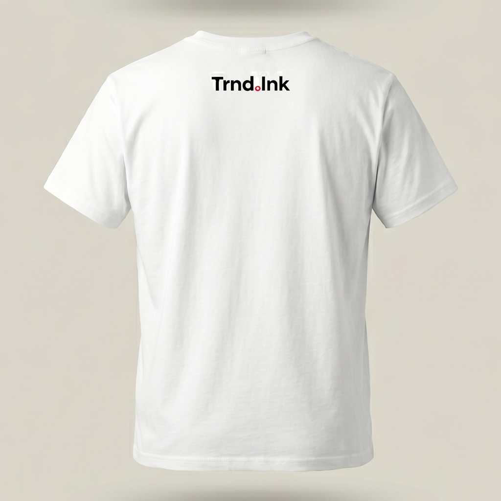 Parte posterior de una camiseta blanca básica de manga corta con el logotipo de Trnd.Ink impreso en la zona superior central de la espalda sobre un fondo liso color crema.