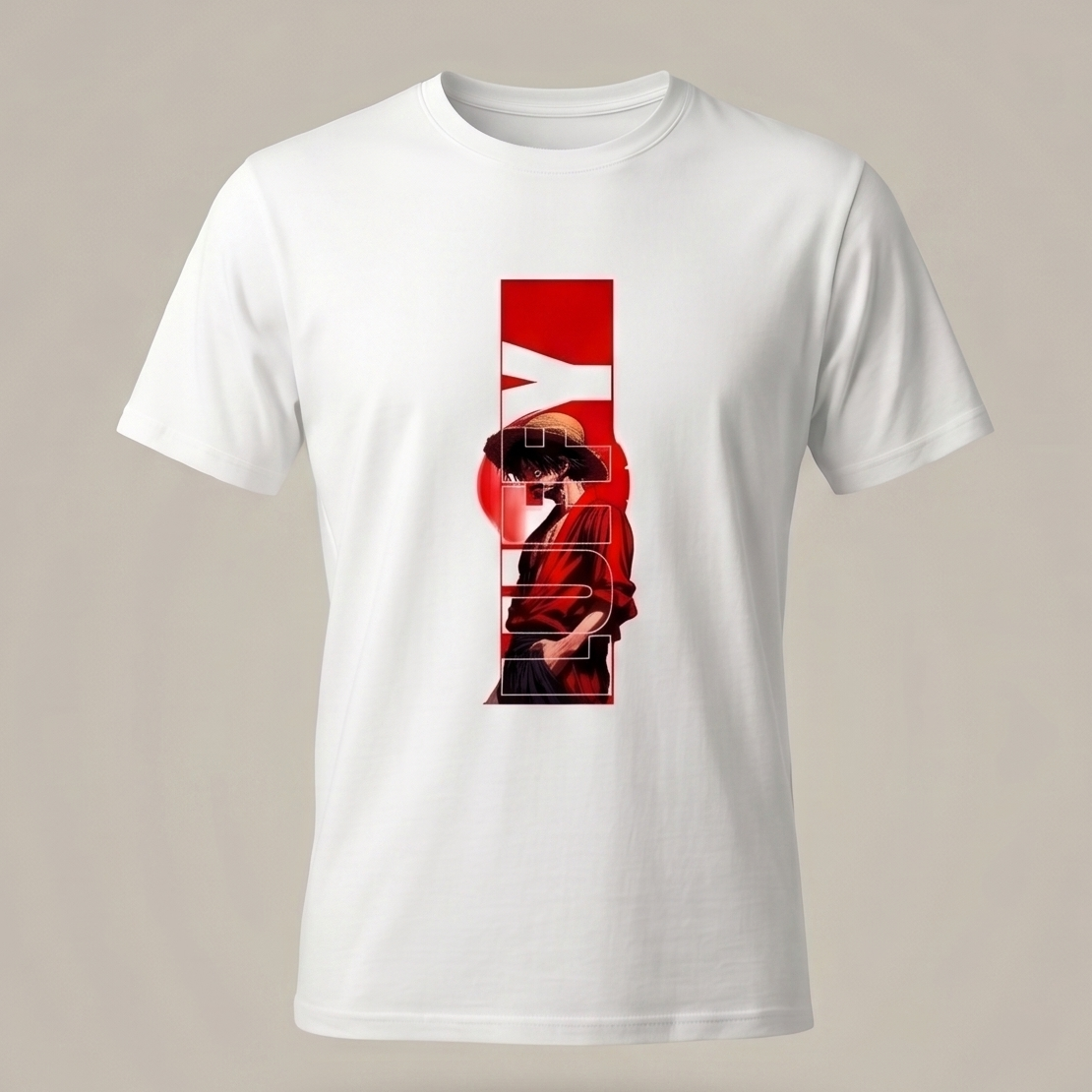 Vista frontal de una camiseta blanca de manga corta con el estampado gráfico de Luffy en su transformación Gear 5, mostrando su silueta con ojos rojos brillantes y sonrisa rodeada de nubes de humo oscuras.