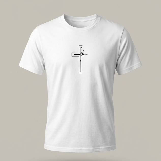 Camiseta blanca de cuello redondo con un estampado central minimalista que combina una cruz lineal con la palabra "fé" en caligrafía elegante de color negro.