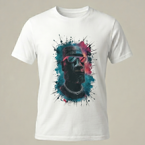 Vista frontal de una camiseta blanca de manga corta con el estampado gráfico de una estatua Moái gris usando gafas de sol rosadas y rodeada de salpicaduras de pintura azul, magenta y neón.
