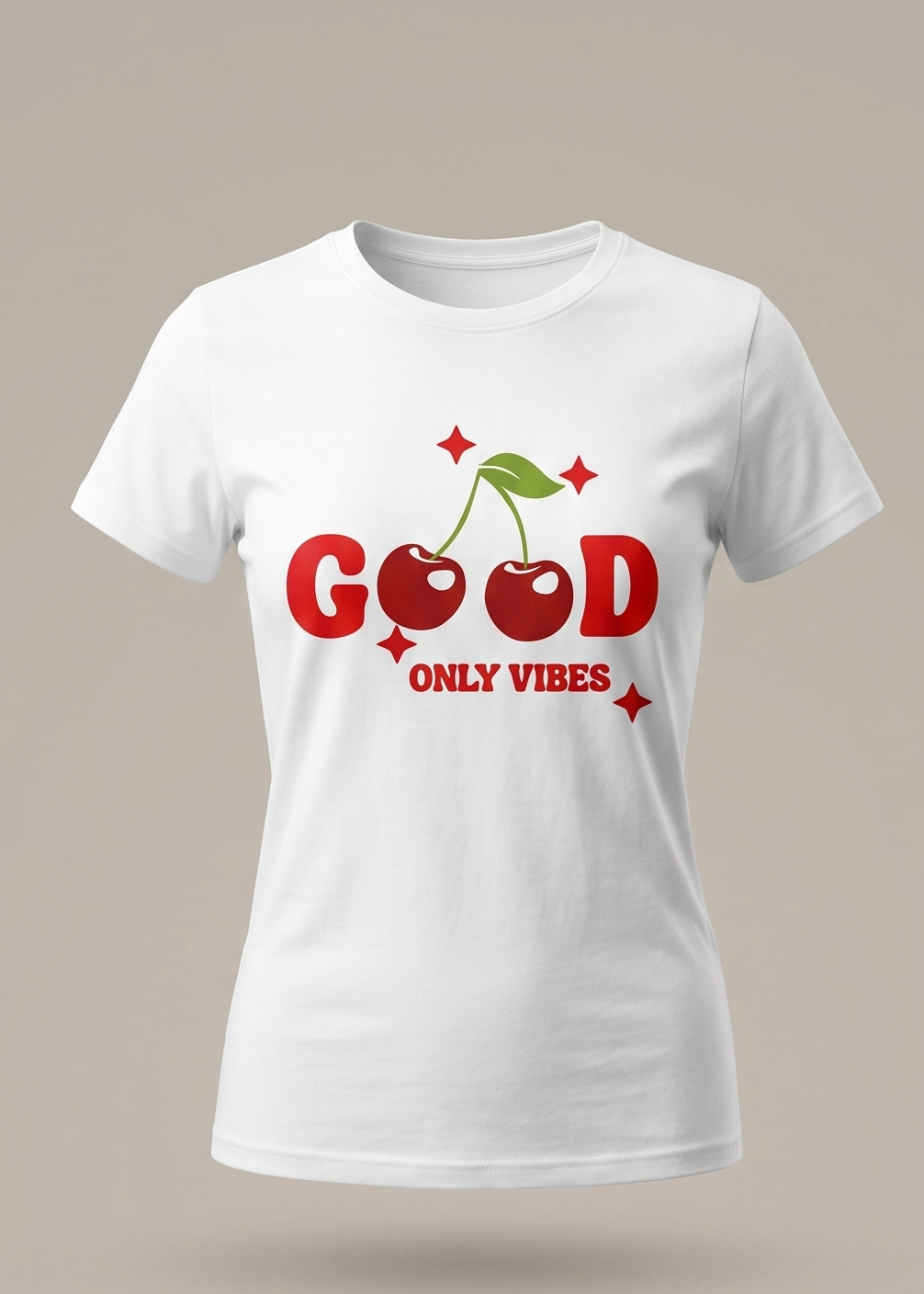 Mockup de camiseta blanca para mujer con estampado urbano de cerezas rojas y frase Good Only Vibes de Trnd.Ink.