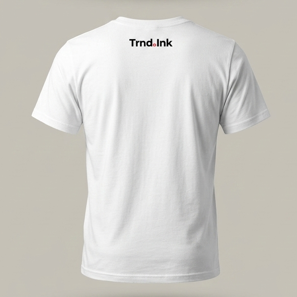 Parte trasera de una camiseta blanca de cuello redondo con el logo de Trnd.ink estampado en negro y rojo, ubicado en la parte superior central de la espalda sobre un fondo gris claro neutro.
