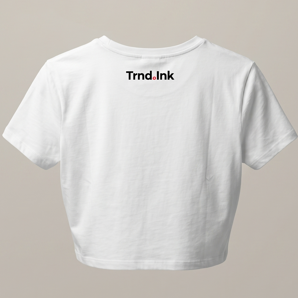 Mockup de camiseta blanca tipo crop top para mujer, mostrando el logo de Trnd.ink estampado en negro y rojo en la parte superior central de la espalda sobre un fondo neutro.