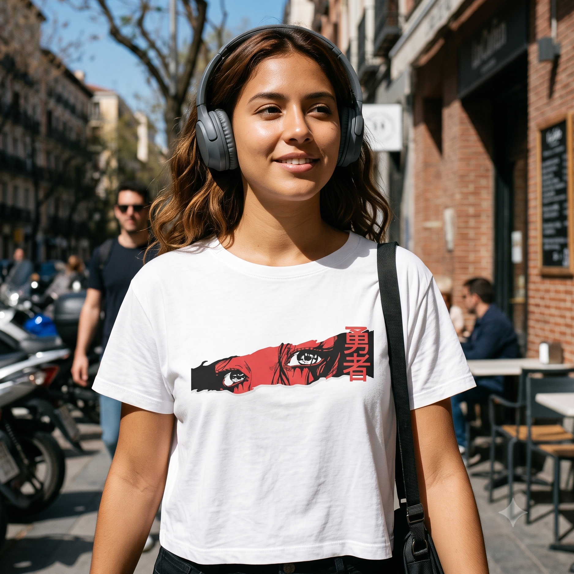 Camiseta blanca tipo crop top para mujer con estampado urbano de ojos estilo anime en recuadro rojo y negro con letras japonesas. Modelo caminando por la calle con audífonos puestos.