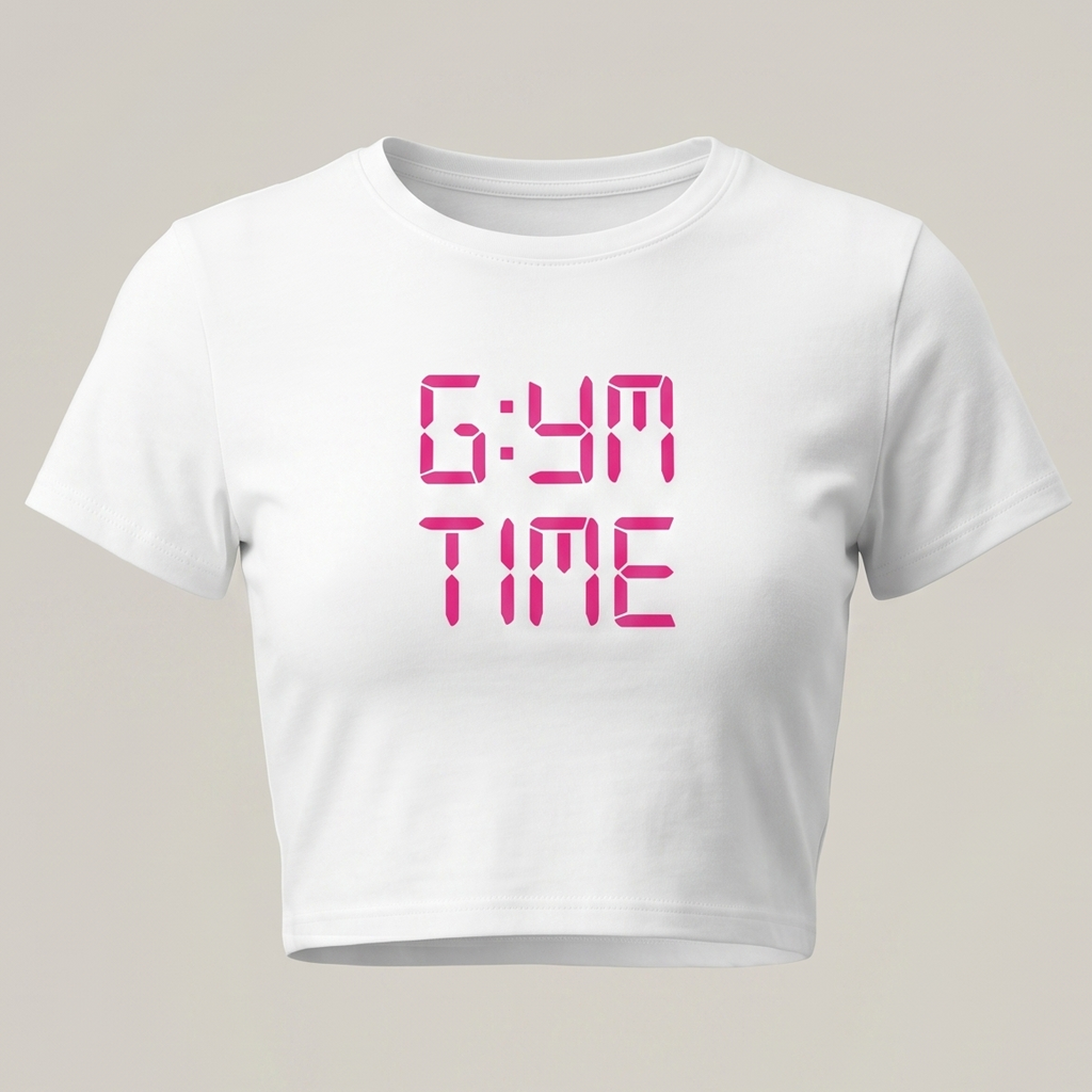 Camiseta crop top blanca de manga corta con un diseño gráfico central que dice "GYM TIME" en un estilo de fuente LED digital de color rosa fucsia.
