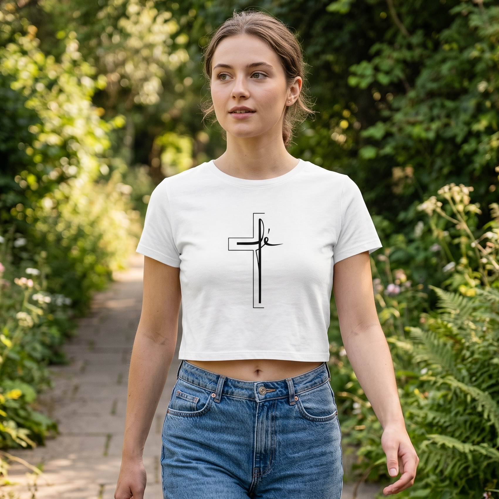Camiseta blanca tipo crop top para mujer con un estampado minimalista de una cruz negra y la palabra "fe" entrelazada. Modelo vistiendo la prenda con jeans en un sendero rodeado de naturaleza.