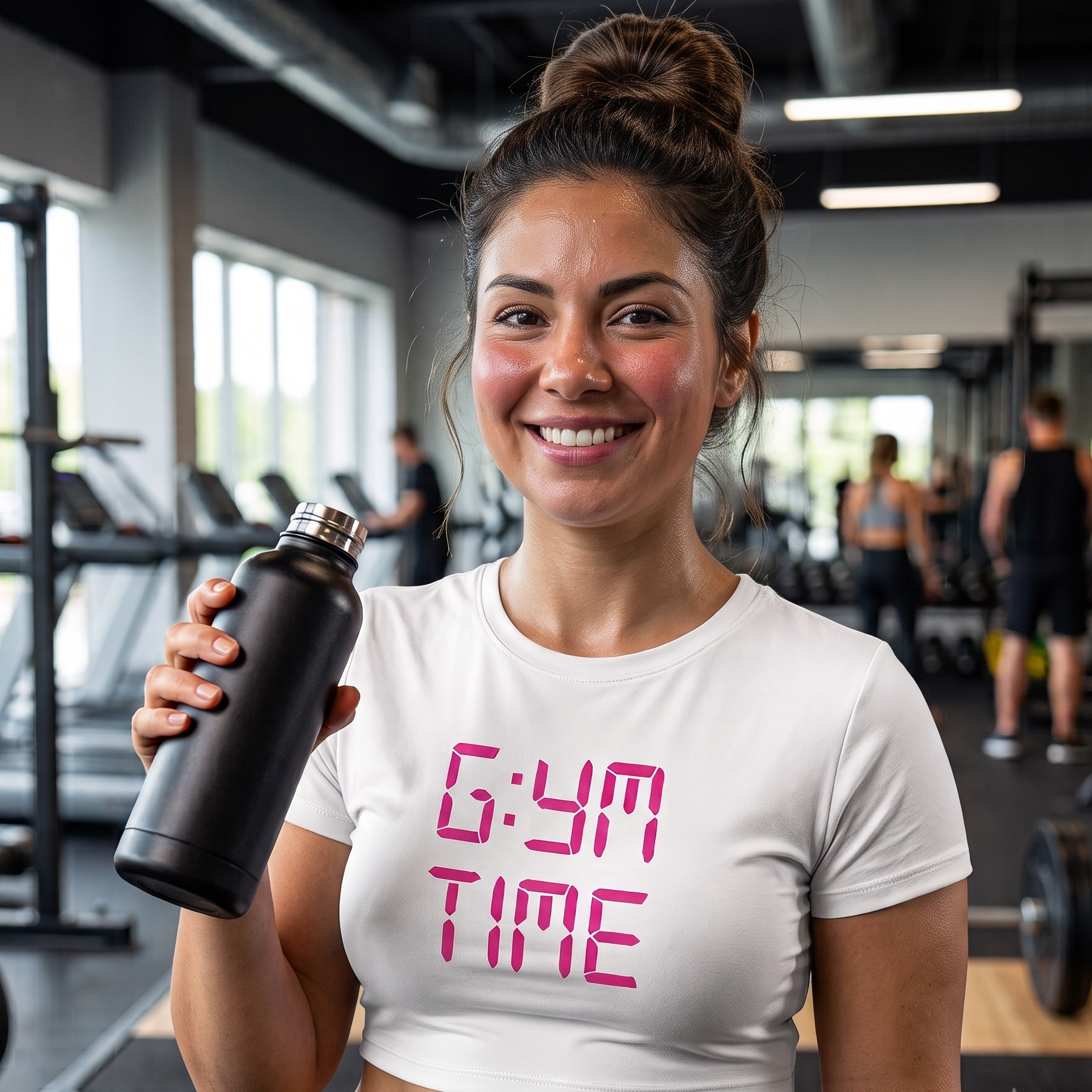 Camiseta deportiva blanca tipo crop top para mujer con el estampado "6:YM TIME" en letras rosadas estilo reloj digital. Modelo sonriendo en un gimnasio mientras sostiene un termo de agua negro.