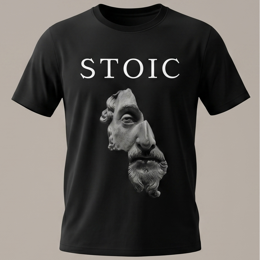 Vista frontal de una camiseta negra de manga corta con la palabra "STOIC" estampada en letras blancas sobre el gráfico texturizado de un busto de escultura clásica fragmentado.