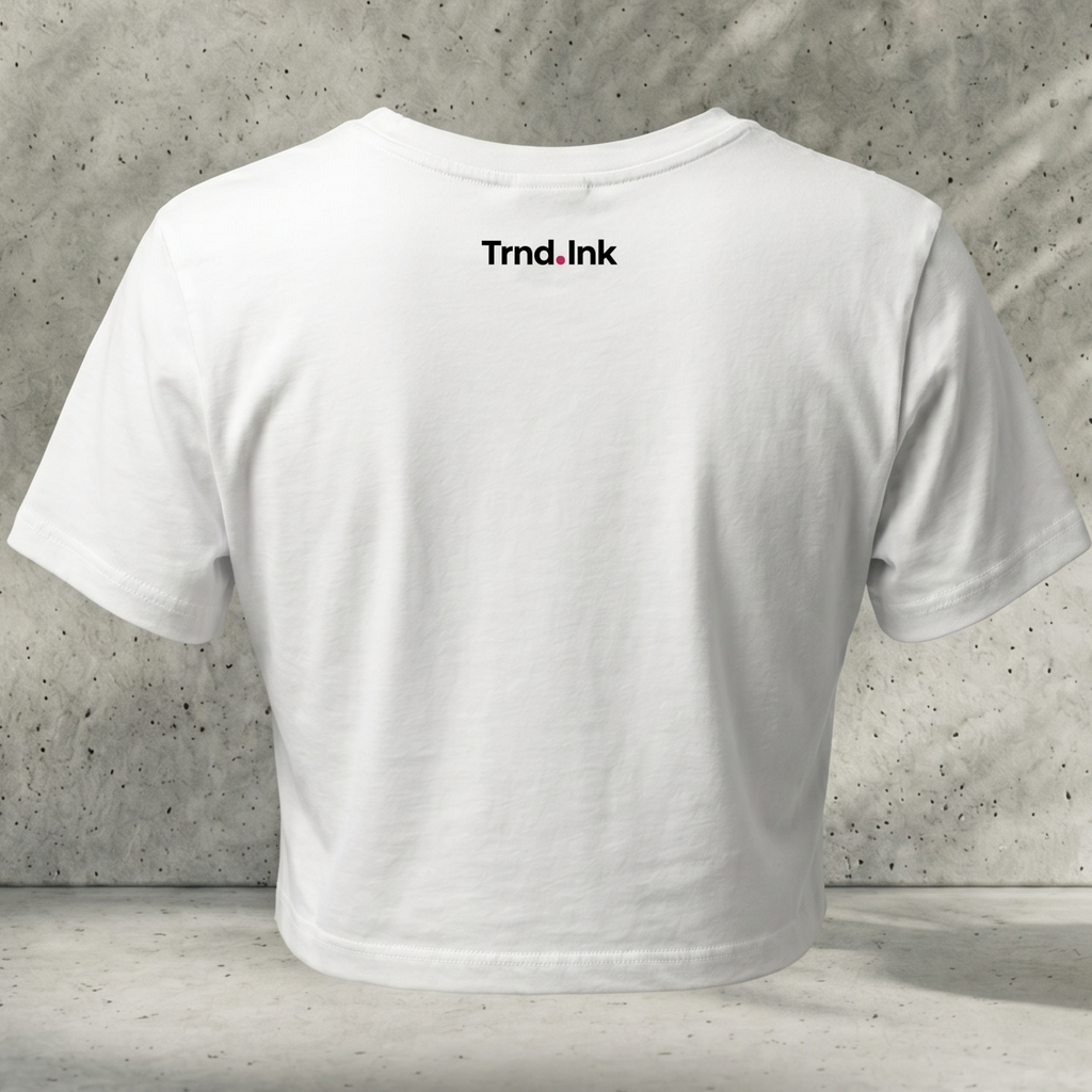 Vista trasera de un crop top blanco de algodón con el logotipo Trnd.Ink impreso en la parte superior central de la espalda, sobre un fondo de pared de concreto con textura.
