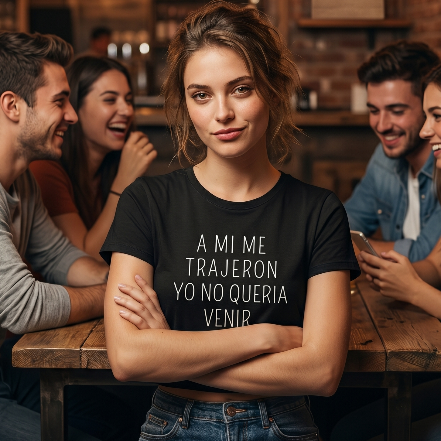Mujer joven con los brazos cruzados en un bar con amigos, vistiendo un crop top negro que tiene la frase 'A MI ME TRAJERON YO NO QUERIA VENIR' escrita en letras blancas.