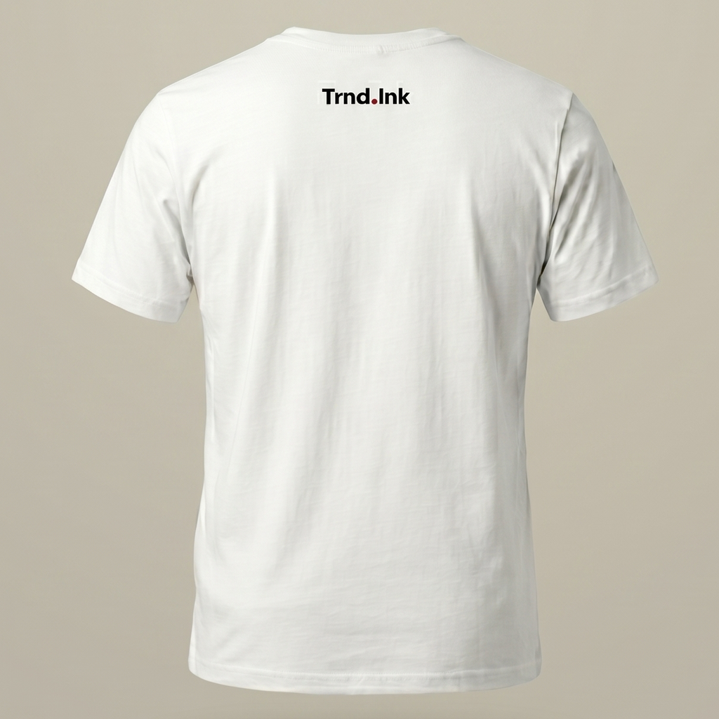 : Vista posterior de una camiseta negra de manga corta. En la parte superior de la espalda, centrado exactamente a 1 pulgada por debajo de la costura del cuello, se destaca el logotipo de Trnd.Ink en color blanco nítido.