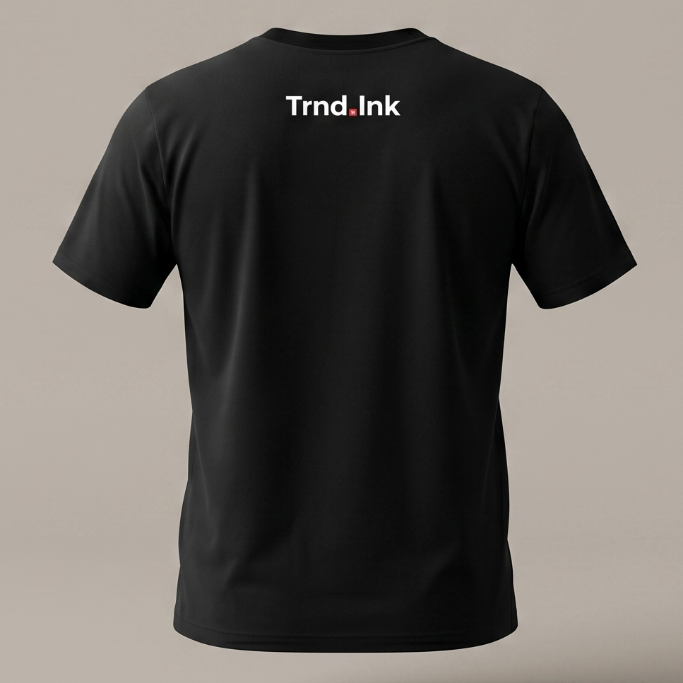 Vista posterior de una camiseta negra de manga corta. En la parte superior de la espalda, centrado exactamente a 1 pulgada por debajo de la costura del cuello, se destaca el logotipo de Trnd.Ink en color blanco.