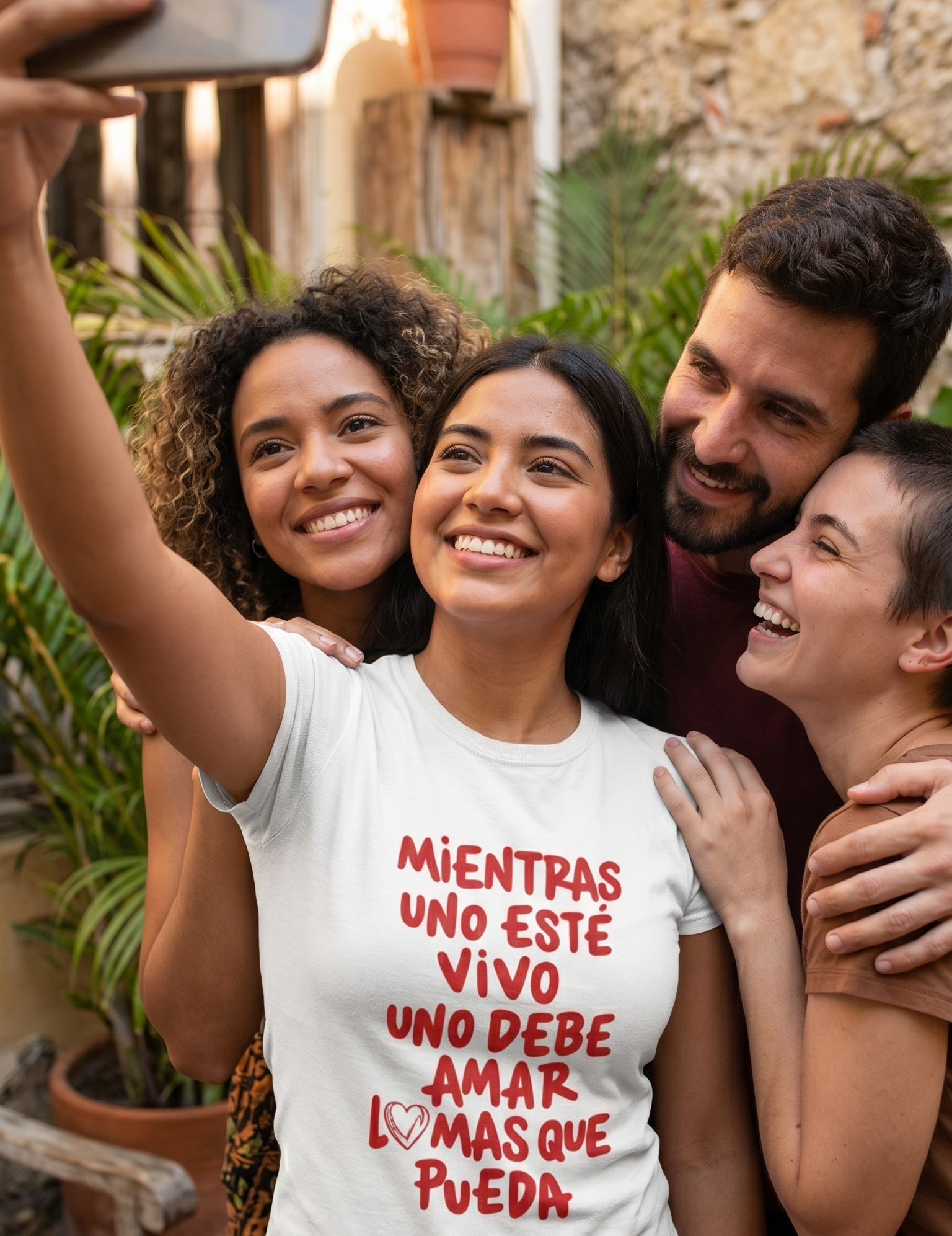 Mujer joven sonriendo y tomando una selfie al aire libre con un grupo de amigos, vistiendo una camiseta blanca con el mensaje estampado en letras rojas "Mientras uno esté vivo uno debe amar lo más que pueda