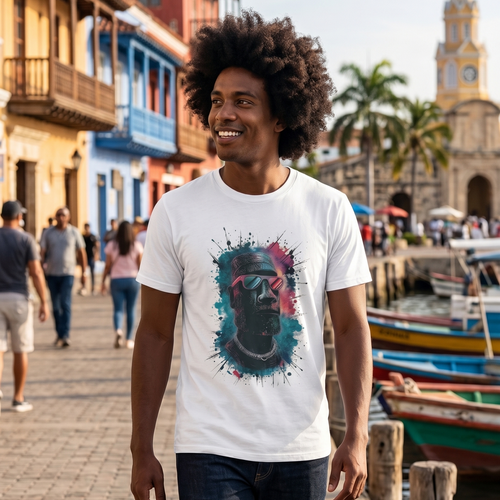 Hombre joven afro con cabello estilo centro vistiendo una camiseta blanca urbana con el diseño de una estatua Moái con gafas de sol, caminando por una calle colonial con fachadas de colores y balcones de madera.