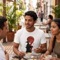 Hombre joven sonriendo y conversando con amigos en la terraza de un café al aire libre, vistiendo una camiseta blanca casual con el estampado de un samurái y una gran luna roja de estilo japonés.