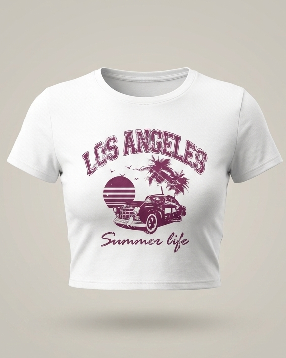Vista frontal  de un mockup de crop top blanco para mujer con estampado vintage de Los Ángeles adelante y el logo de Trnd.Ink centrado en la espalda.
