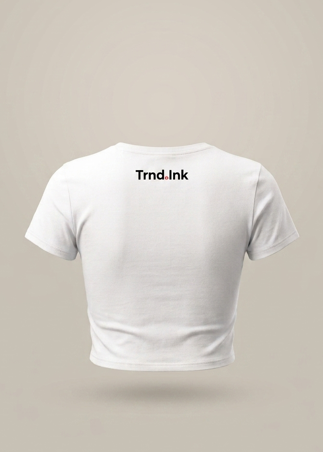 Vista frontal y posterior de un mockup de crop top blanco para mujer con estampado vintage de Los Ángeles adelante y el logo de Trnd.Ink centrado en la espalda.