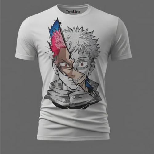 Video 3D Jujutsu Kaisen, estampado de Yuji Itadori mitad demonio y mitad humano, hecha en poliester de alta calidad marca Trnd.Ink.