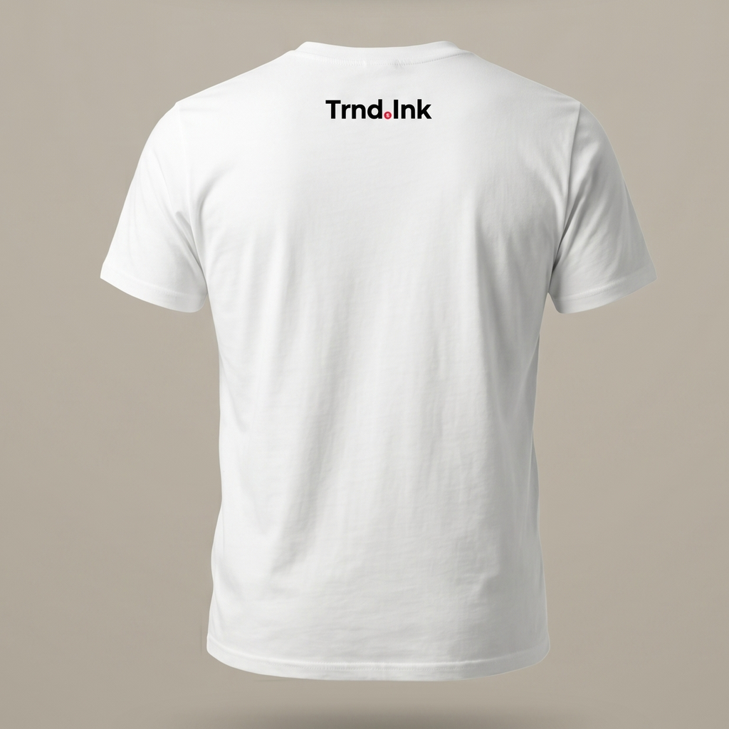 Detalle de la espalda de una camiseta blanca de manga corta, destacando un diseño minimalista con el logo Trnd.Ink estampado debajo del cuello.