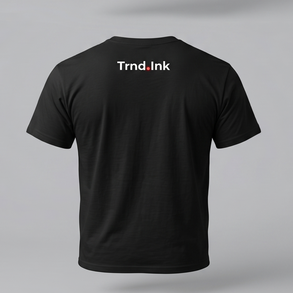 Camisa de color negro vista desde la parte posterior con el logo de Trnd.Ink estampado en blanco en la zona superior central.