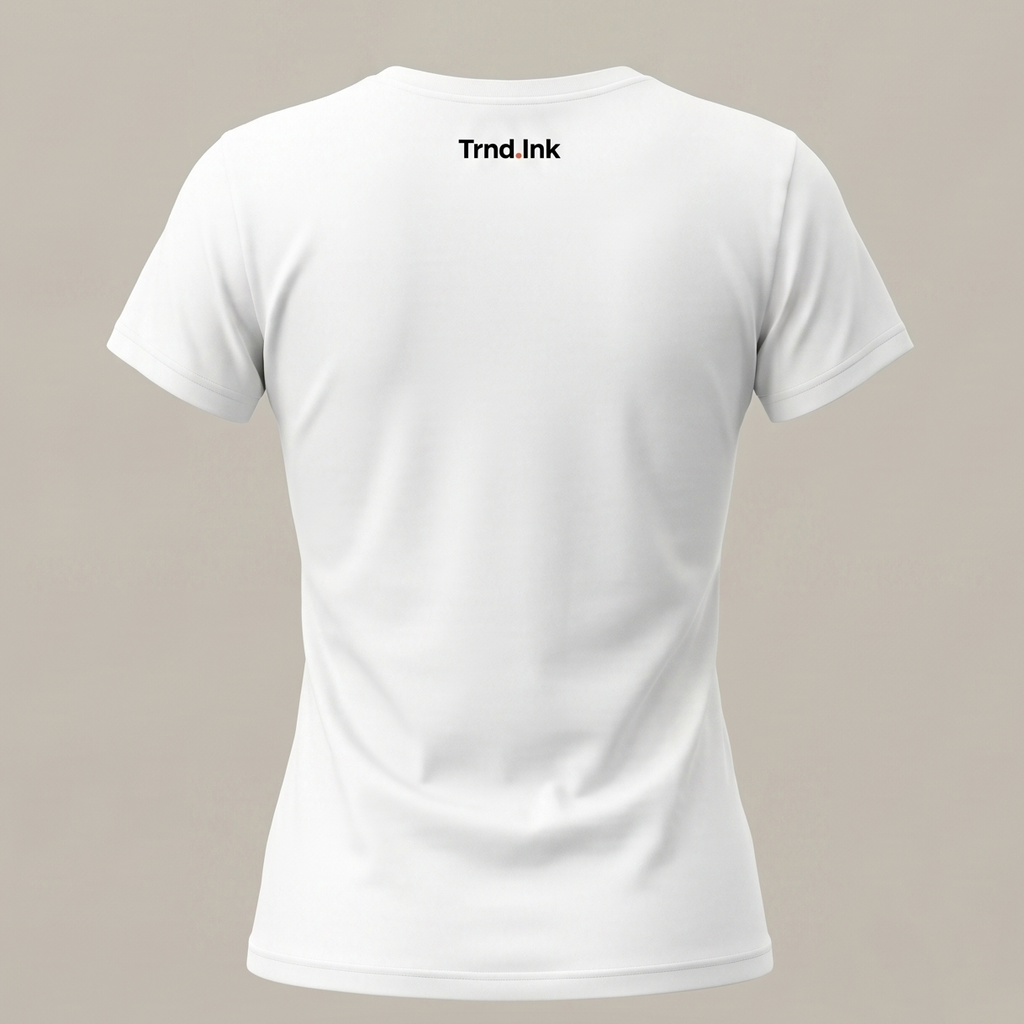Vista trasera de una camiseta blanca de manga corta. Destaca el logotipo Trnd.Ink estampado en tamaño pequeño y centrado en la parte superior de la espalda, a una pulgada por debajo de la costura del cuello.